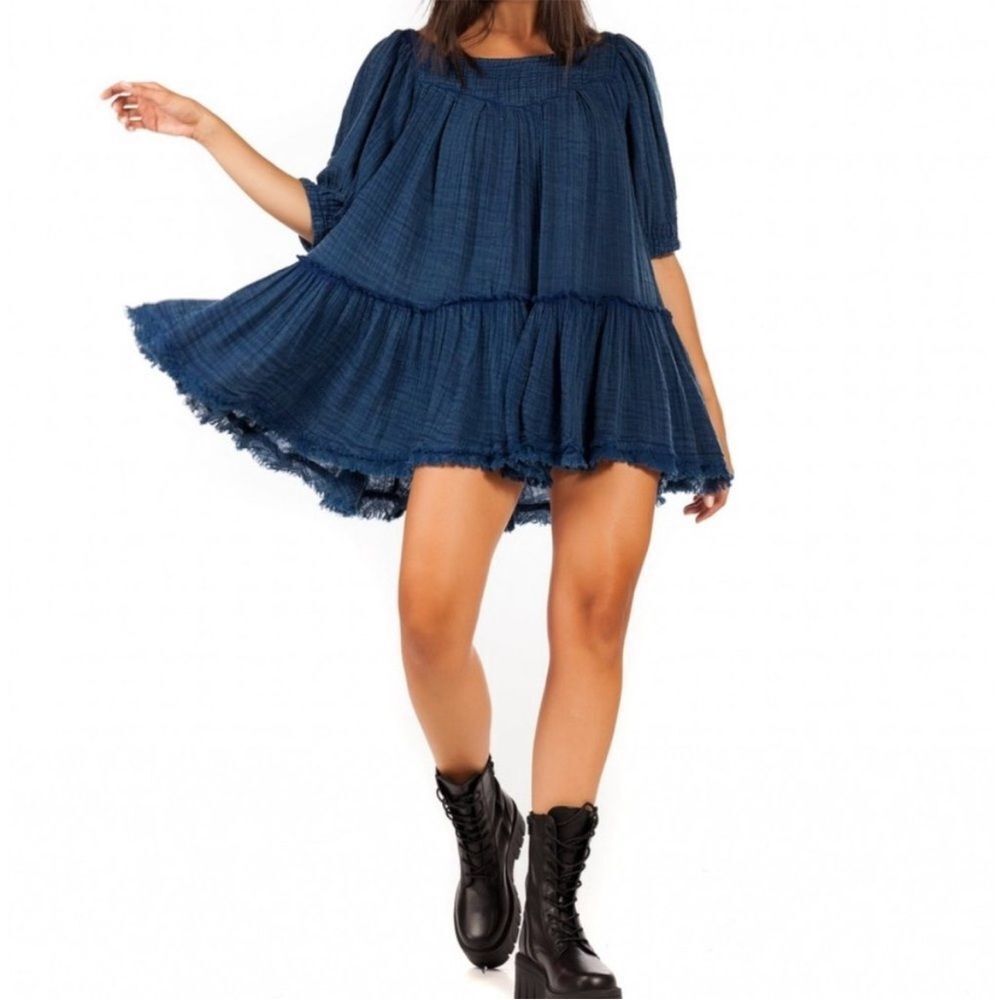 Free People Blue Mystery Land Tunic Top Dress Size Small Boho Dress